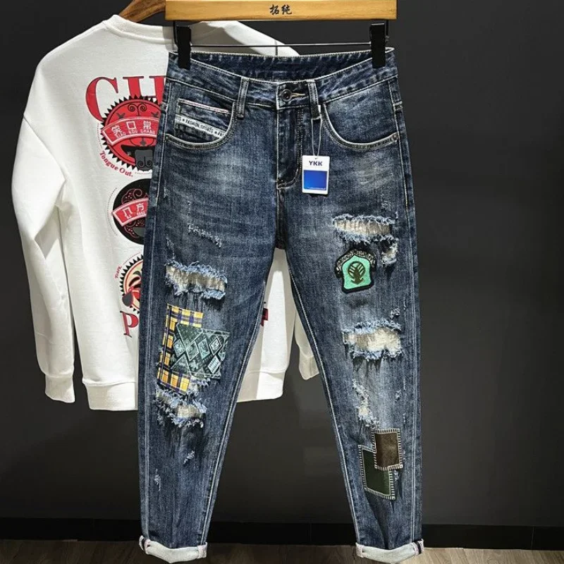 

Jeans for Men Tapered Torn Male Cowboy Pants Graphic Trousers Broken Ripped with Print Holes Korean Style Denim Washed Stacked