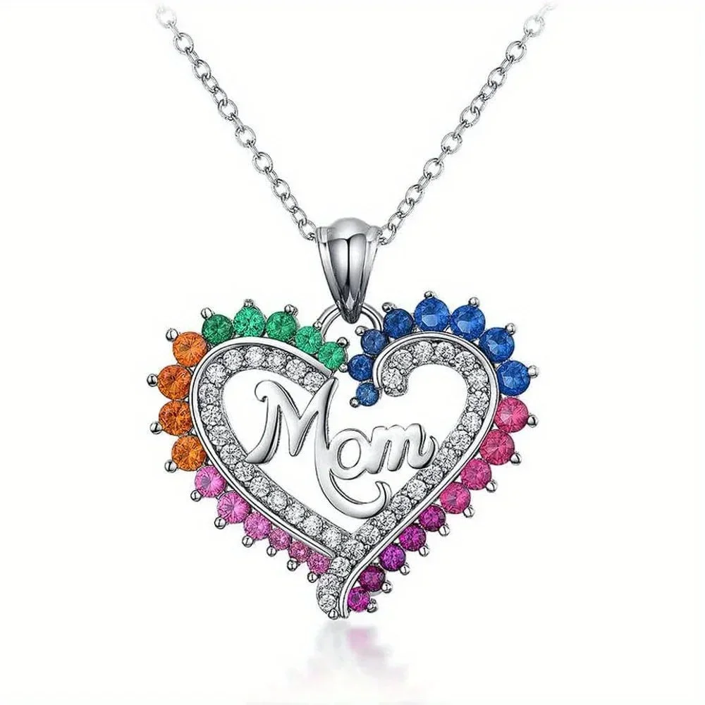 FashionColorful Rhinestone Heart-shaped Mom Pendant Necklace, Mother's Day Gifts, Daily JewelryAnniversary Party Gifts,  Niche S