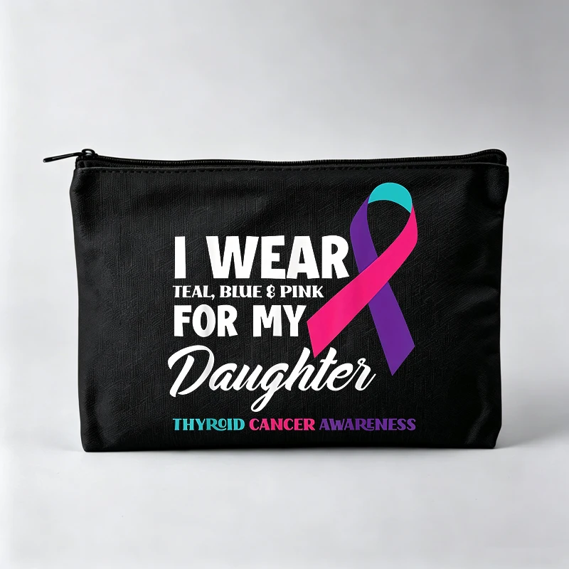 Women's Awareness Ribbon Print Makeup Bag with Typography, Casual Cosmetic Pouch for Daily Use