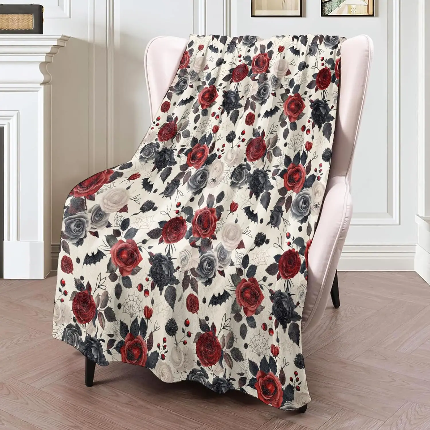 Gothic Rose Blanket ,Gothic Halloween Inspired Floral Lightweight Flannel Throw with Red, Black and White Blooms, Bats and Webs