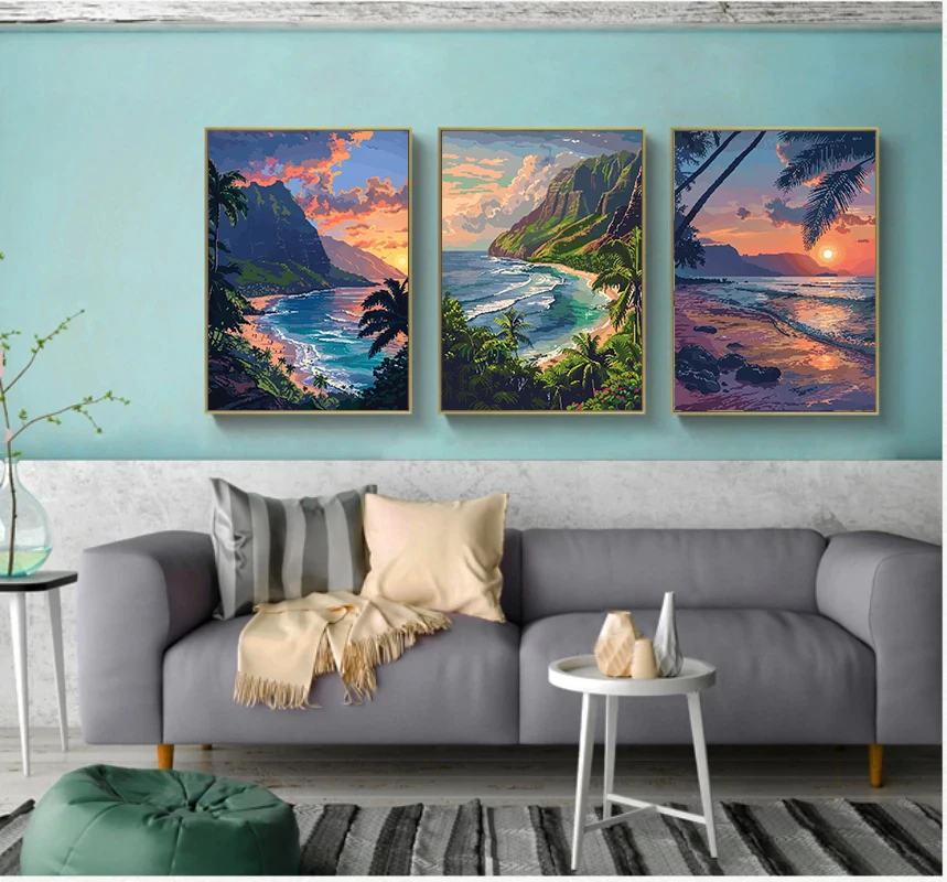 ملصق منظر طبيعي لفن البكسل للسفر ، هاواي ، جزيرة زهور ، رمال ، شاطئ ، مشهد سماء ، لوحة قماشية ، غرفة ، ديكور حائط منزلي ، جدارية