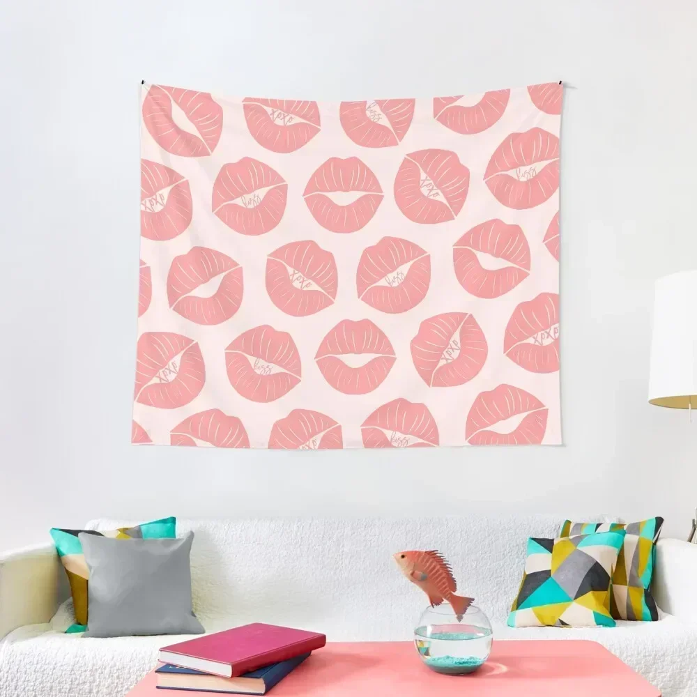 

Girly Cute Coral Pink Xoxo Kiss Lips Illustrations Tapestry Wallpaper Bedroom Decor For Bedroom Room Decor Korean Style Tapestry