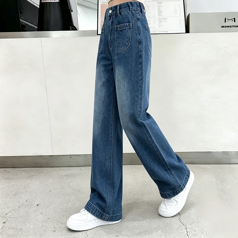 Kids Girls Straight Denim Jeans With Front Pockets Summer Loose Wide Leg Trousers 6-14Y Casual Daily Pants