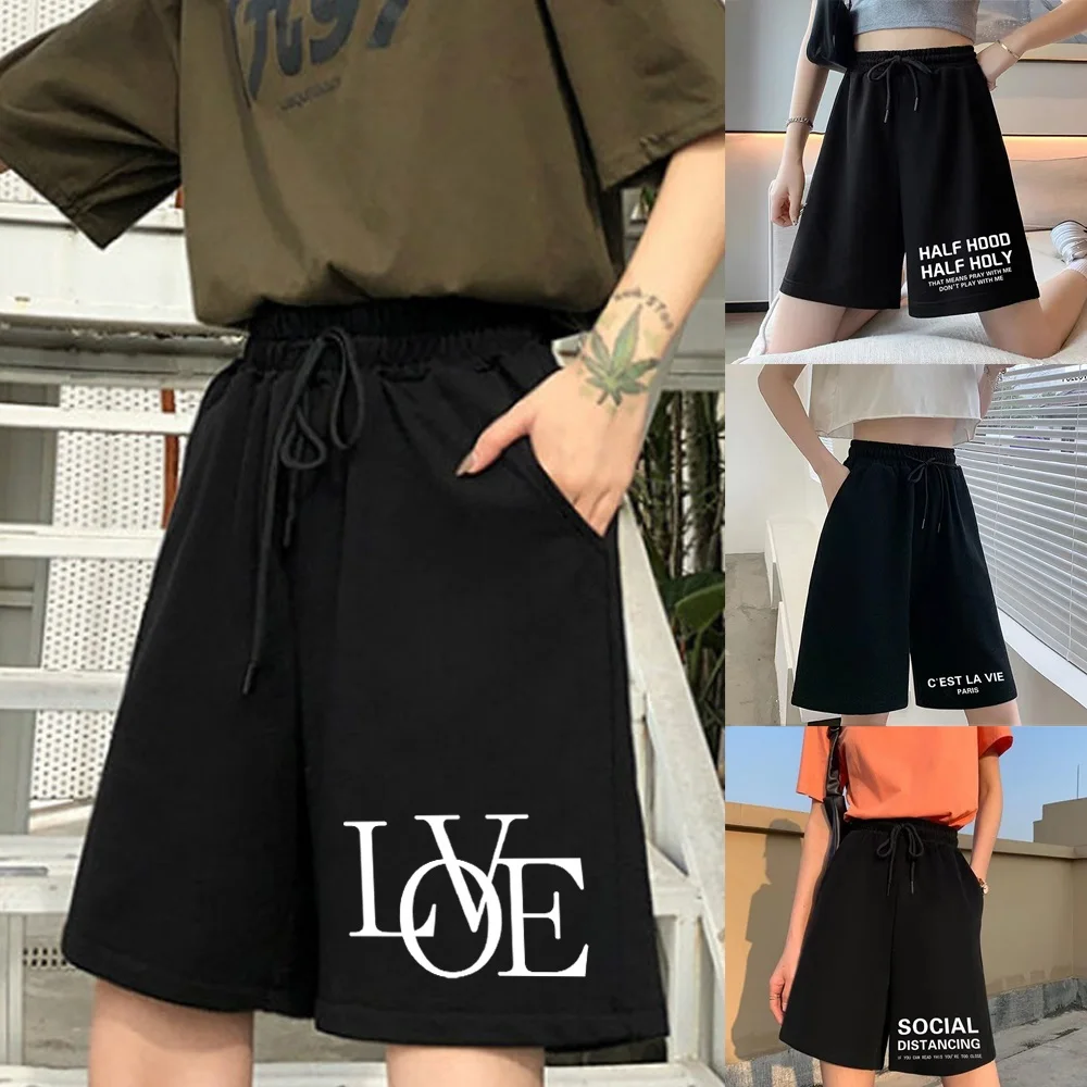 

Female Shorts Fashion Loose Elastic Band Student Ninth Pants Simple English Text Series Printed Female Harajuku Street Shorts