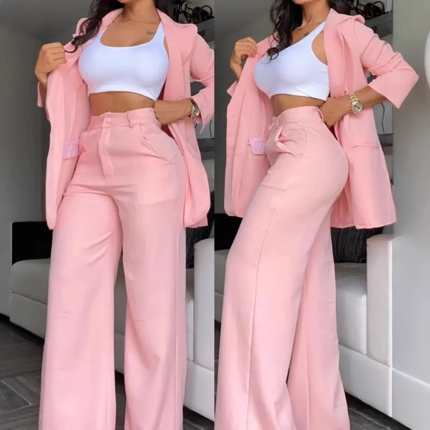 Ladies' Elegant Temperament Solid Color Split Sleeves Lapel Suit Pockets Straight Leg Pants Set
