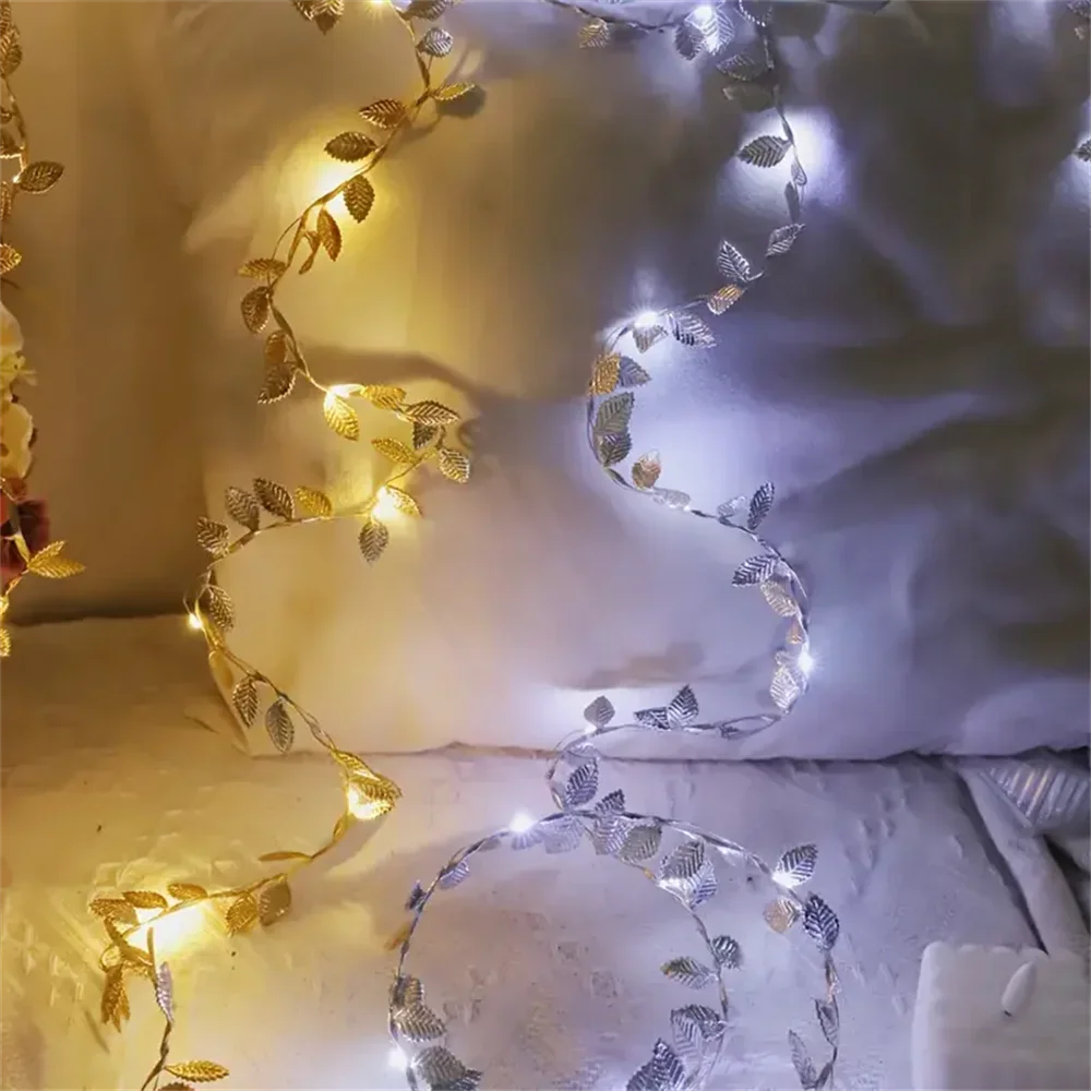 20/50/100LEDs Goldene Silber Winzige Blätter Fee Licht Batterie Powerd Künstliche Pflanze Girlande Reben Lichter Für hochzeit Home Party – Detail 13