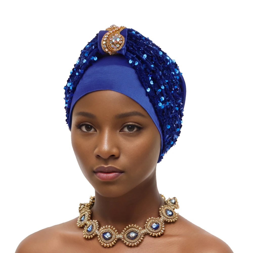 Sequins Turban Cap for Women Afrcian Lady Head Wraps Muslim Turbans Hat Nigeria Headwear Headtie Turbante Mujer