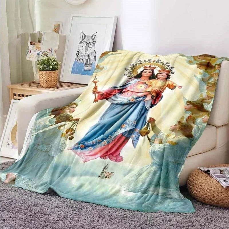 Virgin Mary Flannel Blanket Fluffy Lightweight Fleece Throw Blanket Comfort Soft Warm Baptism Cozy Nursery Bedding Decor Bedroom