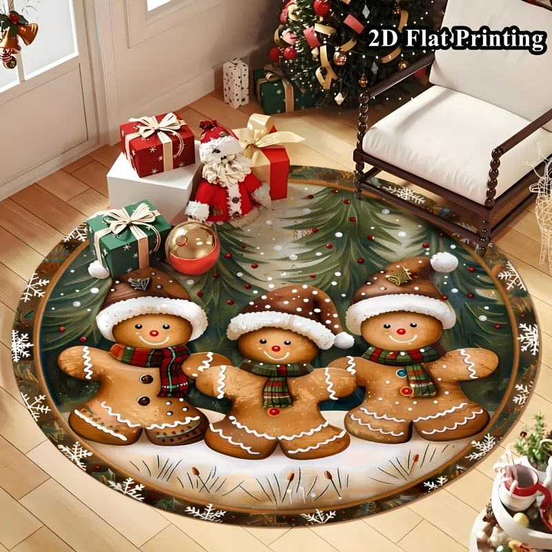 Festive Gingerbread Men Trio Snowflake Pine Branch Holiday Round Carpet For Christmas Entryway With Sweet Cookie Carpet