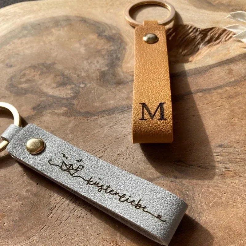 Personalized Engraving Name & Date PU Leather Keychain