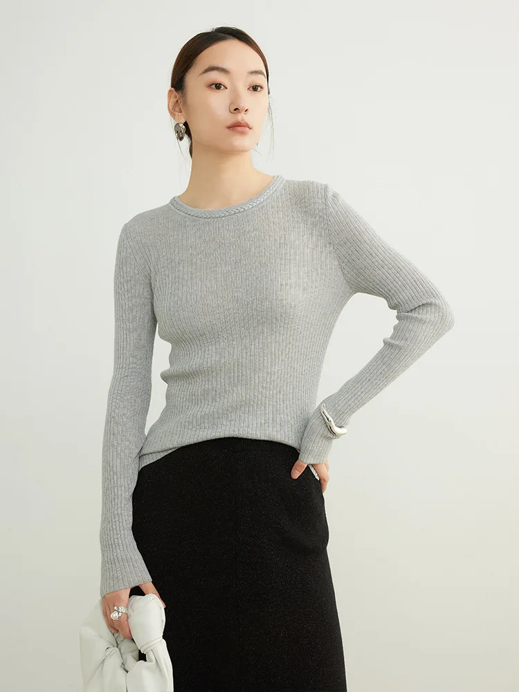 Birdtree 32.4% Sheep Wool 30.1% Acrylic Solid Undershirt,Woman Wool Blend O-neck Cable Structure Full Sleeve Knit Tops T58514JF