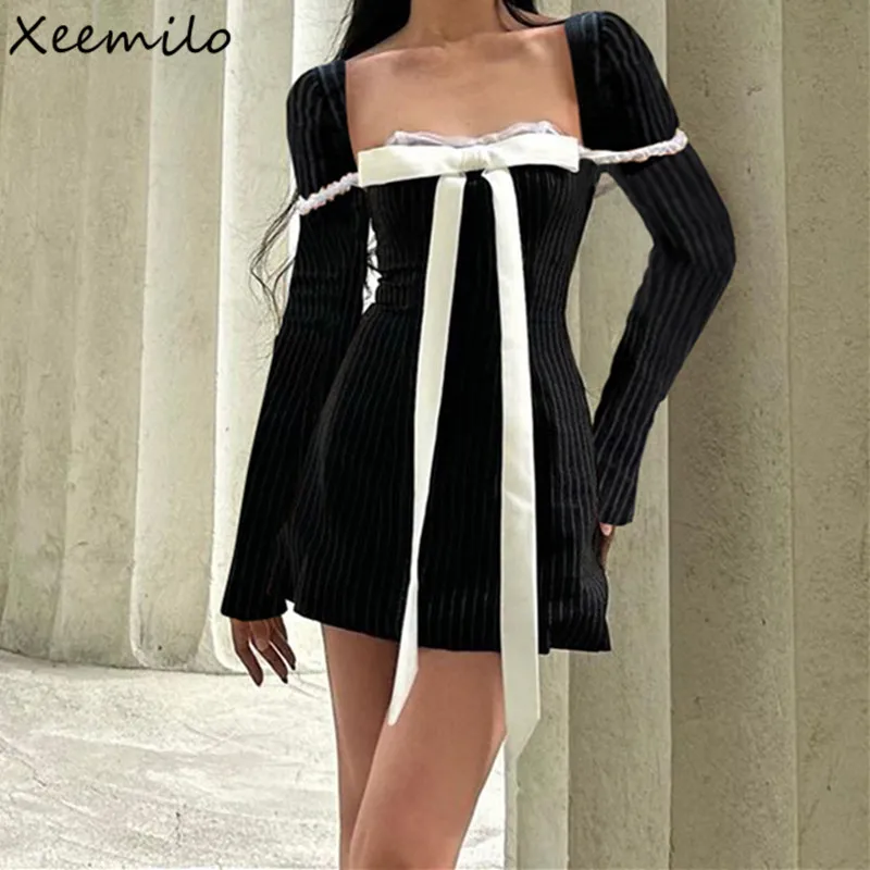 Xeemilo Elegant Bow Patchwork Long Sleeve Dress Retro Square-neck Lace Stitch Bodycon Mini Dresses 2023 Evening Party Vestidos