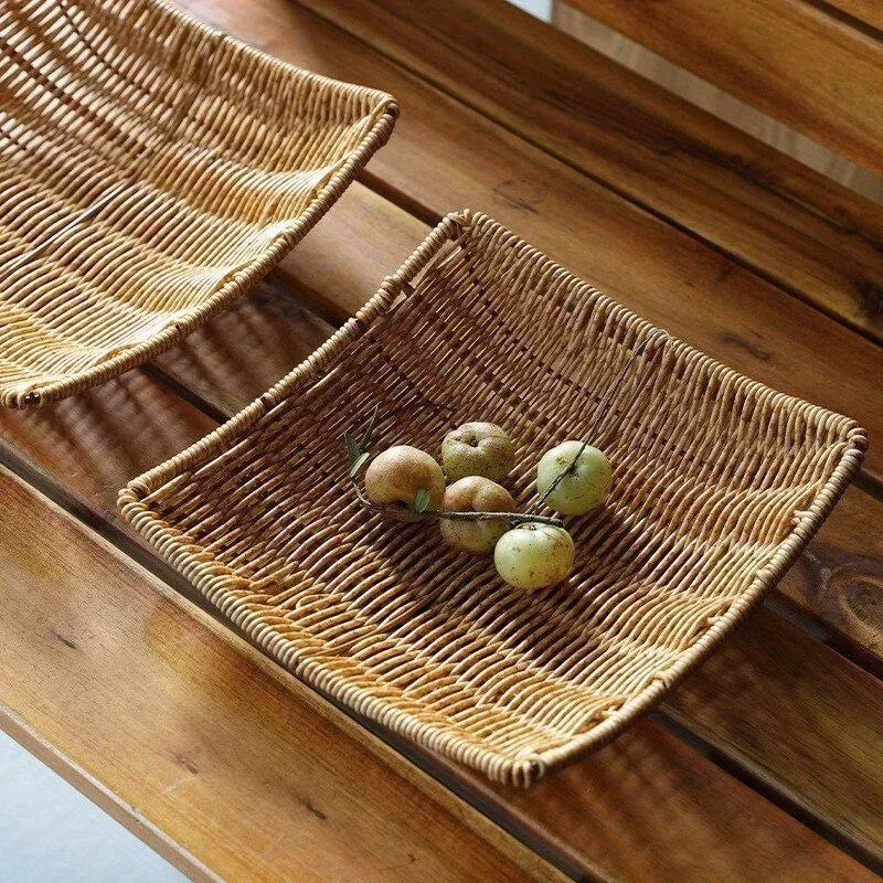 1PC Handwoven Rattan Storage Basket Wicker Tray Picnic Basket Bread Food Plate Fruit Cake Sundries Box Tray Kitchen Decoration