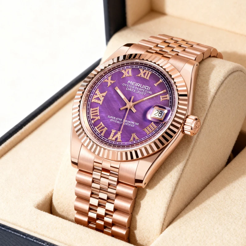 

Женские розово-фиолетовые стильные и элегантные часы с календарем из нержавеющей стали, полностью автоматические механические часы
