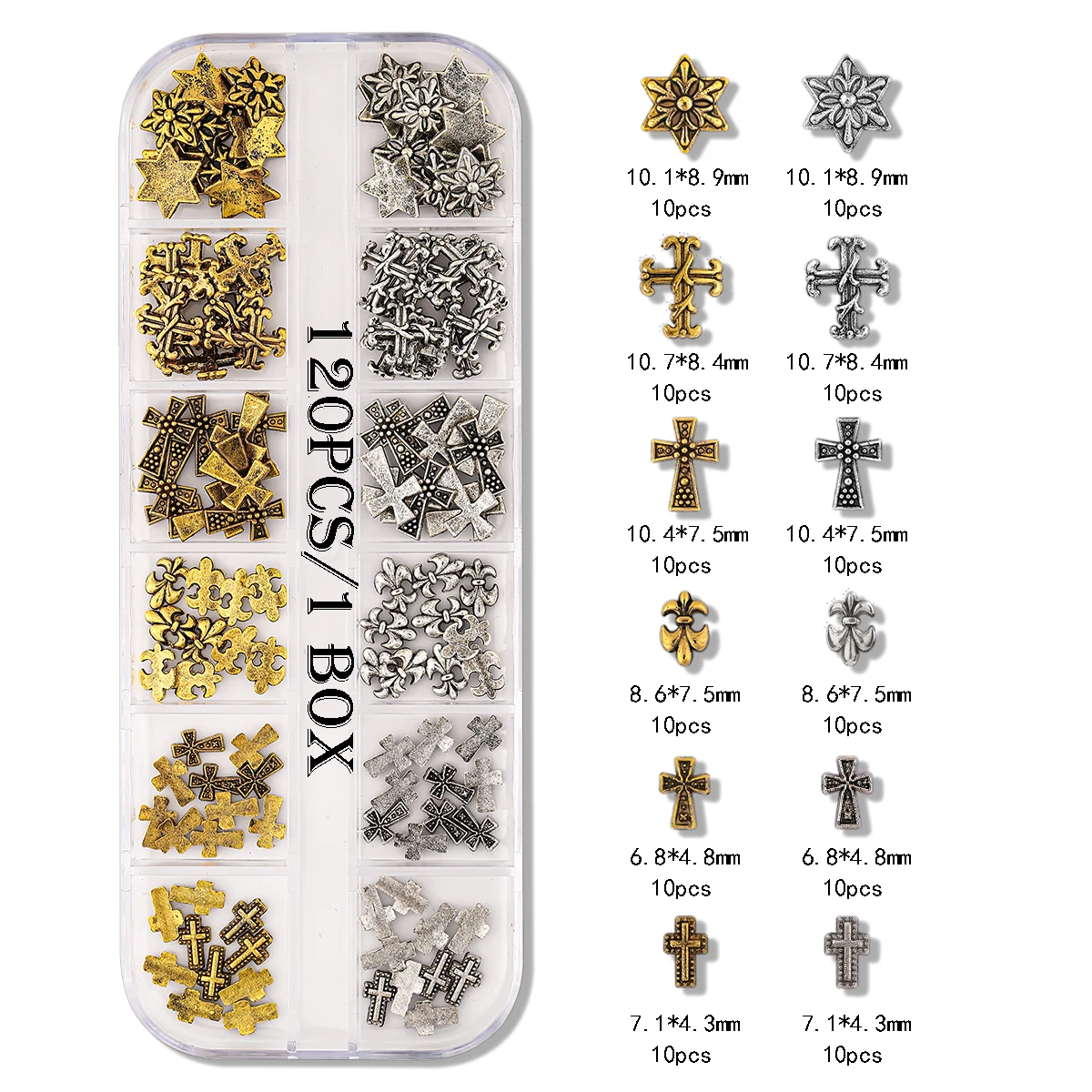 120pcs / 1 box Dark vintage Cross nail or y2k Advanced Metal Style Alloy Cross Nail patch Gold & Silver Cross Decor Set