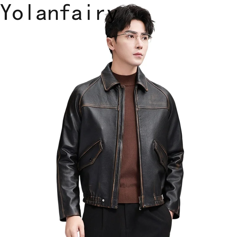 YOLANFAIRY Vintage Head Layer Cowhide Leather Jacket Men Lapel Motorcycle Natural Leather Coat Hand-rubbed Color Coats Jackets