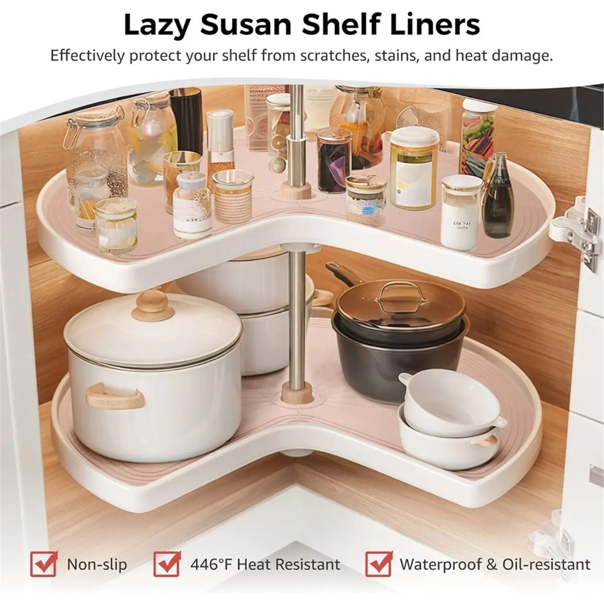 【AT48】 NEW 2-Pack Non-Slip Silicone Lazy SusanShelf Liners, Dual Tier Organizer Mats, HeatResistant Fridge Pads, for Drawers