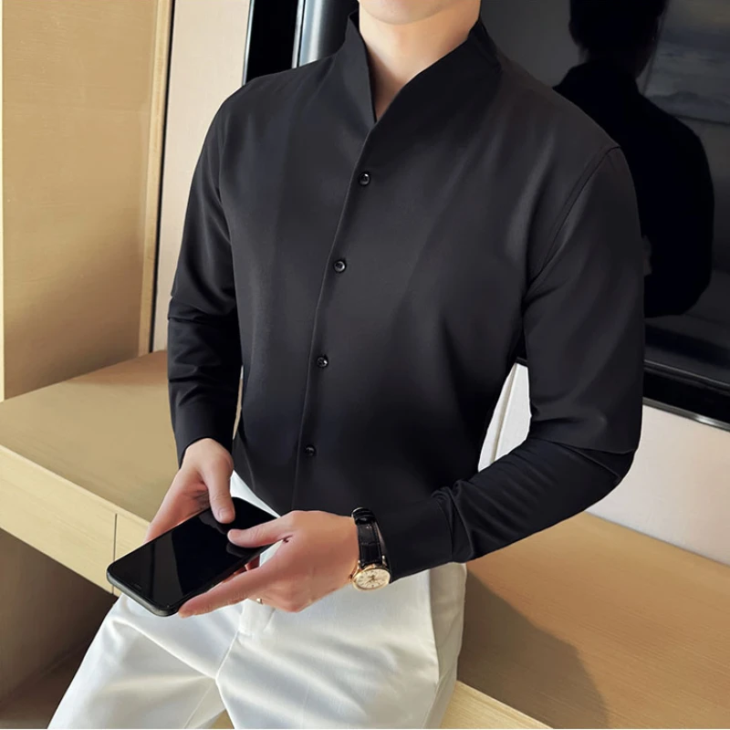 Brand Clothing Men\'s High Quality V-neck Long Sleeve Shirts Male Slim Fit Fashion Solid Color Office Dress Shirt 4XL-M