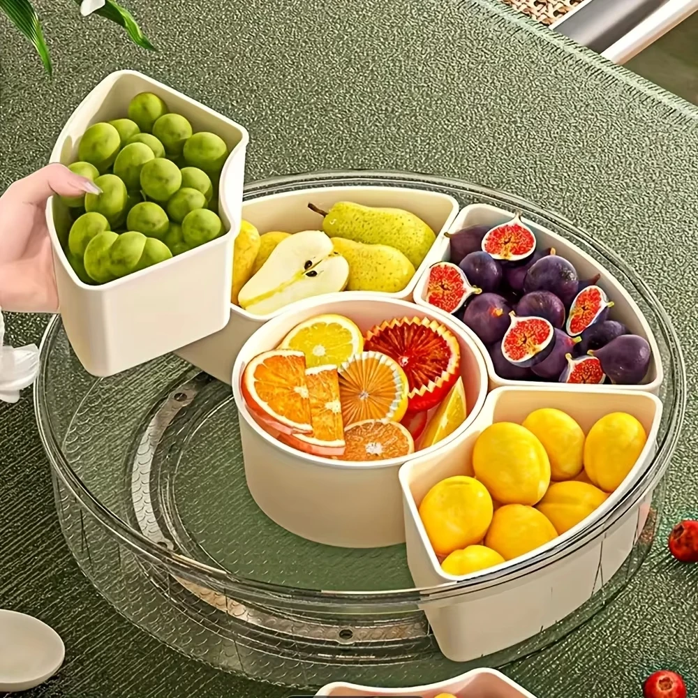 Rotatable 5-Compartment Food Storage Tray with Lid Handle Dried Fruit Snack Vegetable Container Home Kitchen Serving Dish