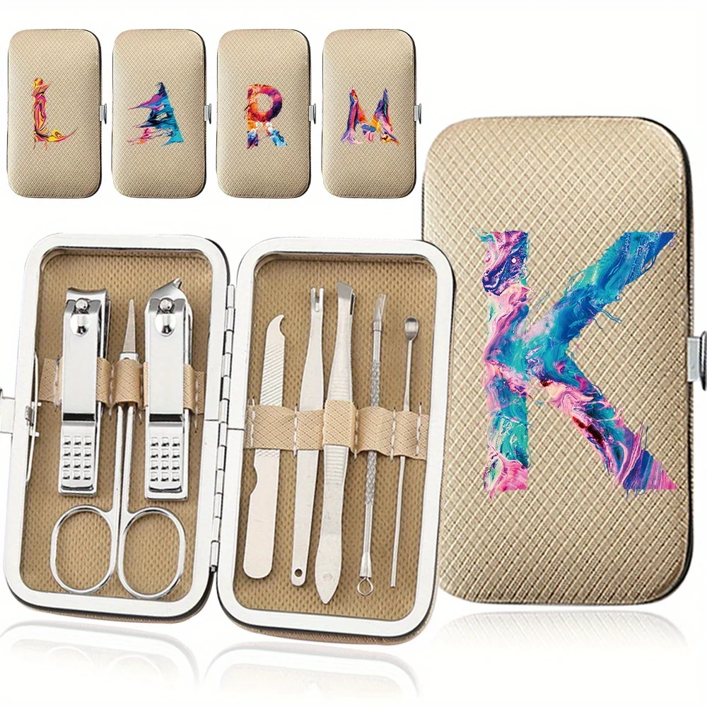 

8PCS Stainless Steel Nail Clipper Set Durable PU Storage Case Ultra Sharp Sturdy Fingernail Cutters Paint Letter Pattern
