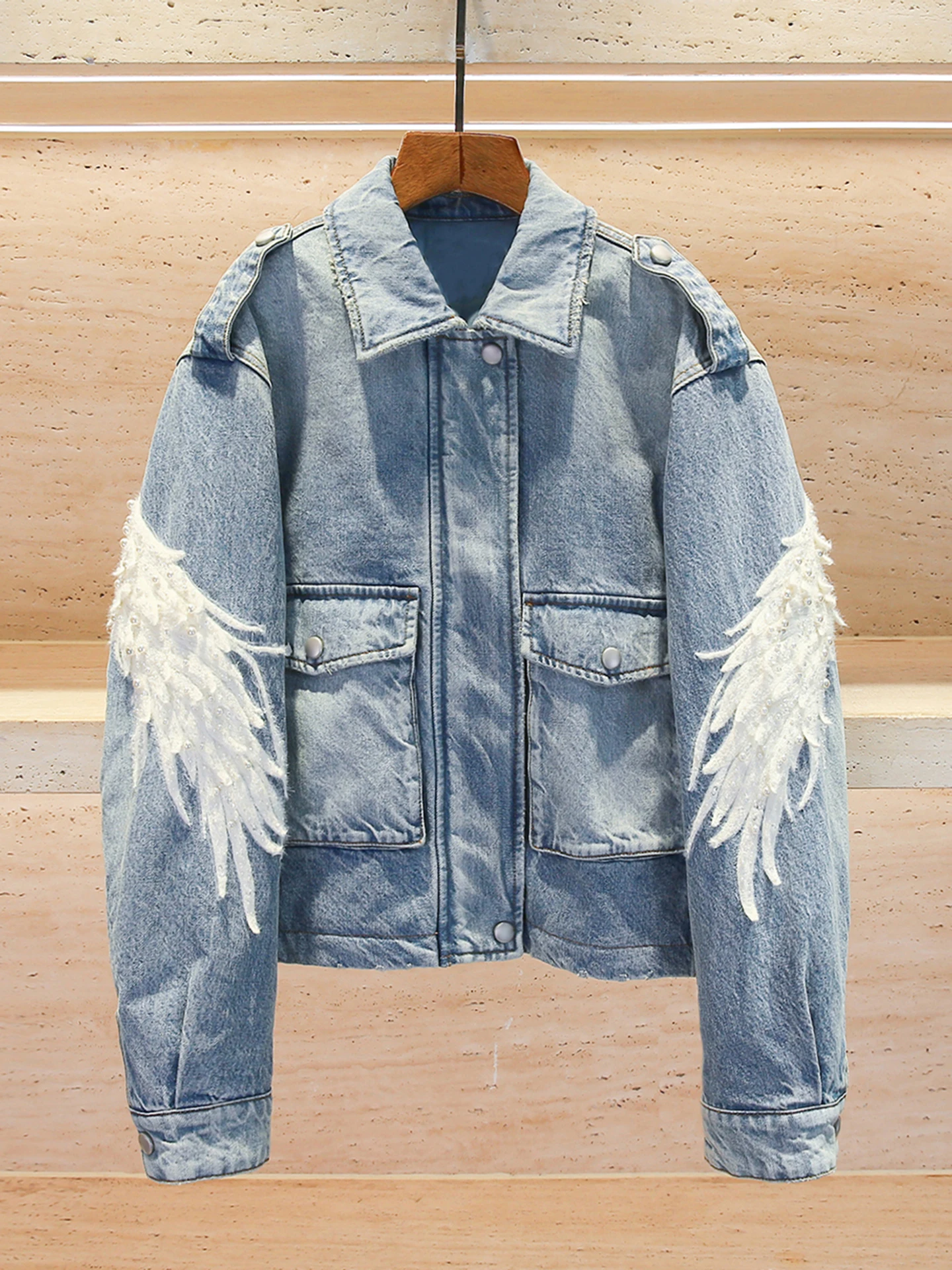 

Премиум-куртка из денима South Oil для женщин с жемчужной отделкой и воротником, новинка весенней коллекции, приталенный крой, для повседневной носки