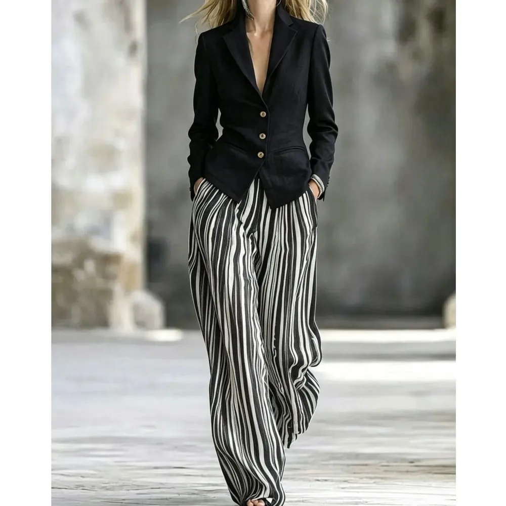 Commuting Style Long Pants Set Elegant Autumn Winter Versatile Single Breasted Long Sleeved Suit Jacket Long Pants Two-piece Set 2