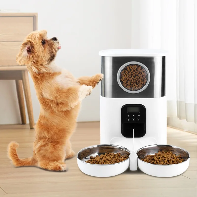 

5L Automatic Pet Feeder Cat Smart Food Dispenser with Recording Timing Stainless Steel Double Bowl Cat Dog Feeder Pet Supplies