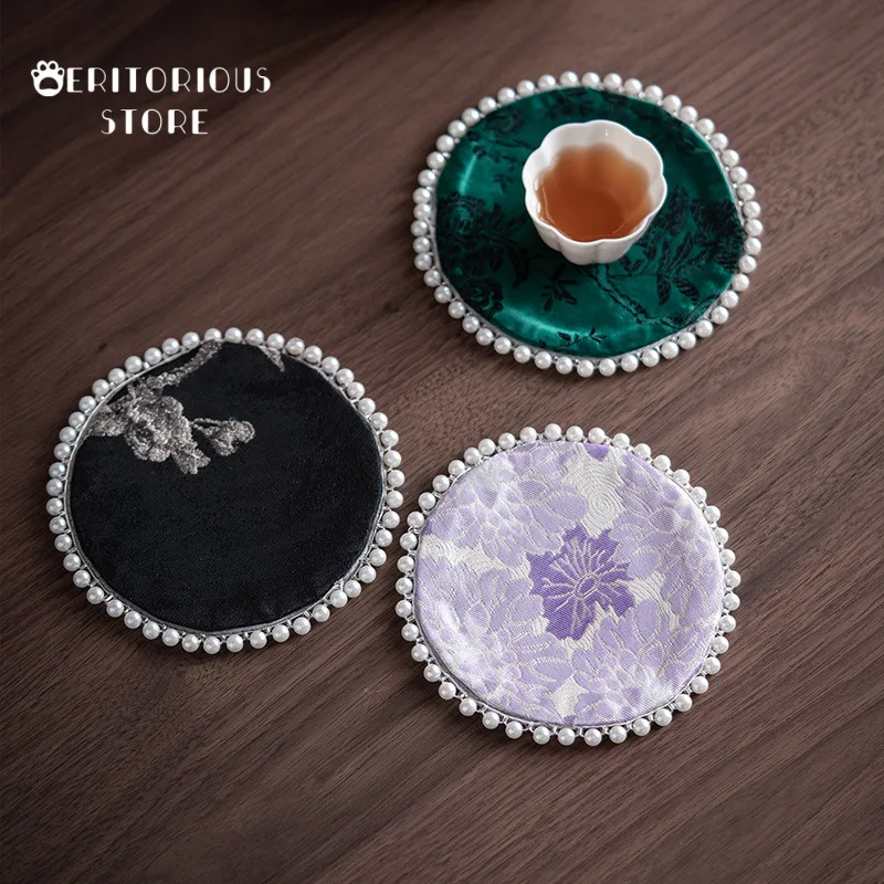 Chinese Brocade Coasters Beaded Tea Coaster Aesthetic Mat Cup Holder Zen Table Cloth Art Pot Mat Tea Ceremony Accessories Cups
