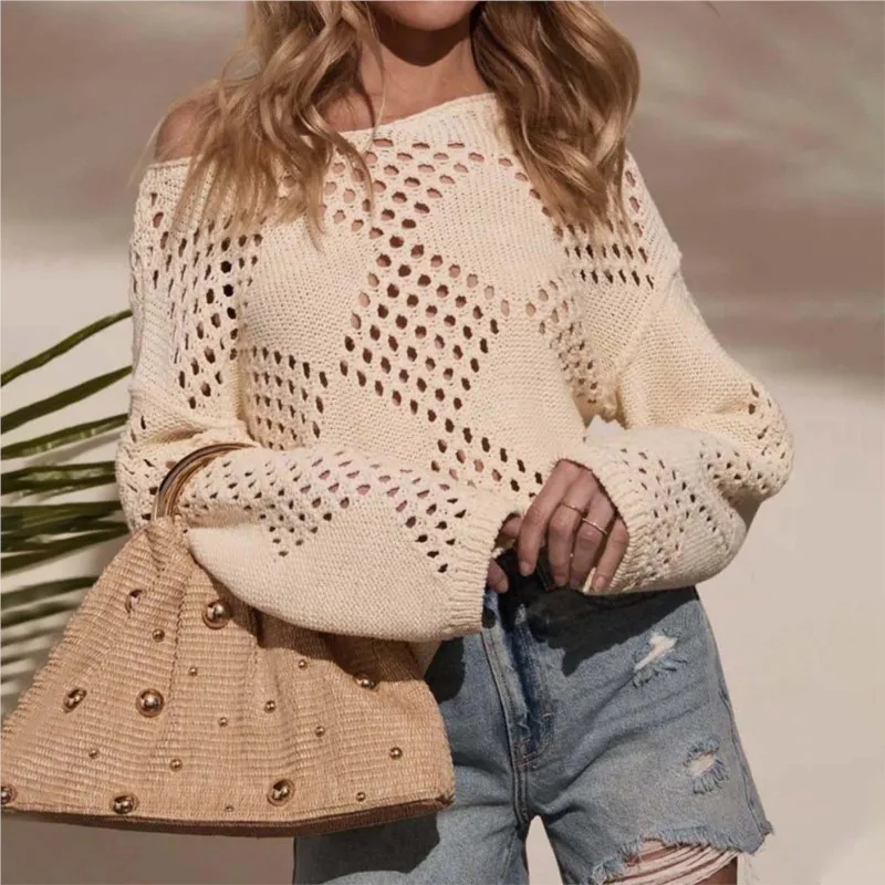 

Hollow Out One Neck Off Shoulder Long Sleeved Knitted Sweater For Autumn New Women's Casual Loose Pullover Top Ropa Mujer