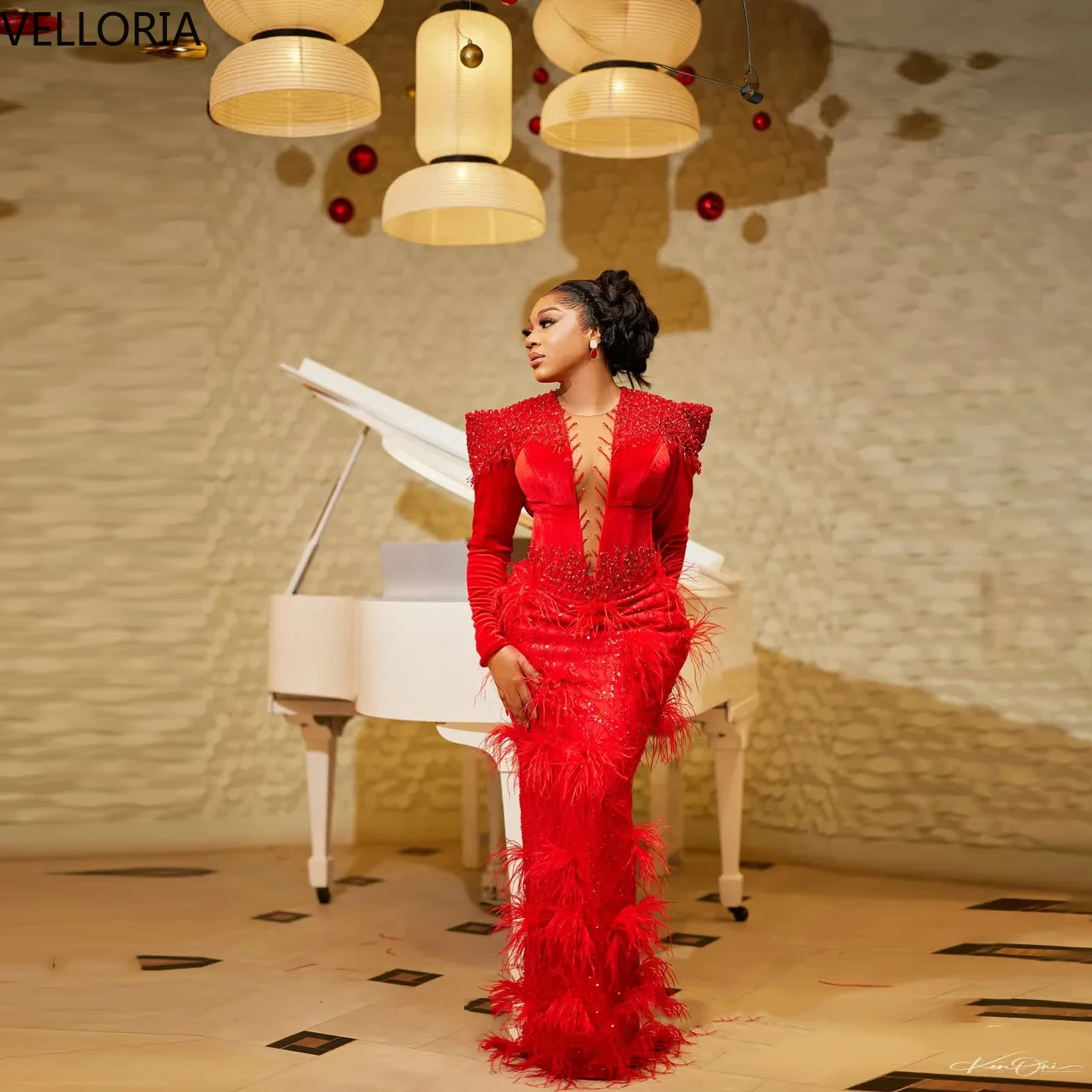 

Sparkling Red Mermaid Ball Dress Luxury Beaded Feather Long Sleeve Formal Evening Dress Deep V African Girl Party GownCustomized