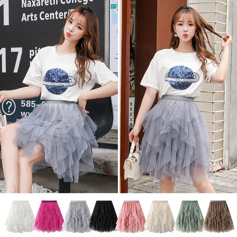 Women Irregular Tulle Skirt Mesh Summer Sweet Girls Shaggy Short Skirts Gothic Black Aesthetic Midi Skirts