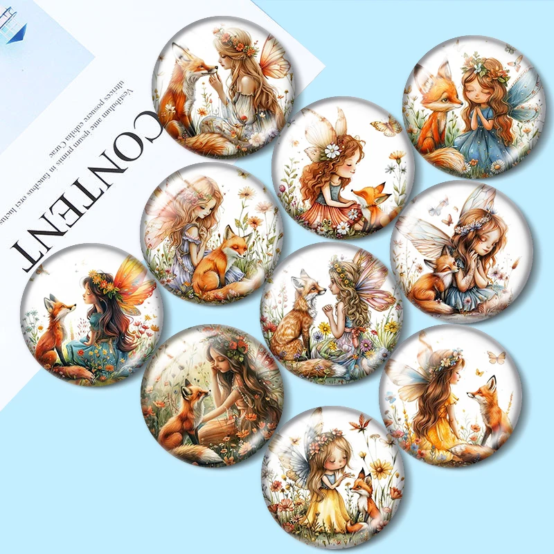 

Cute fairy with Fox 12mm/18mm/20mm/25mm Round photo glass cabochon flat back Making findings keychain