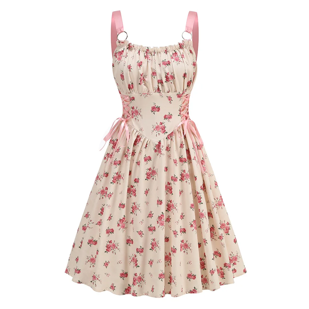 Dress Women Female Clothing Fashion Elegant Evening Party Dresses Printed Lace-up O-ring Party Sexy Slimming Suspender Dress
