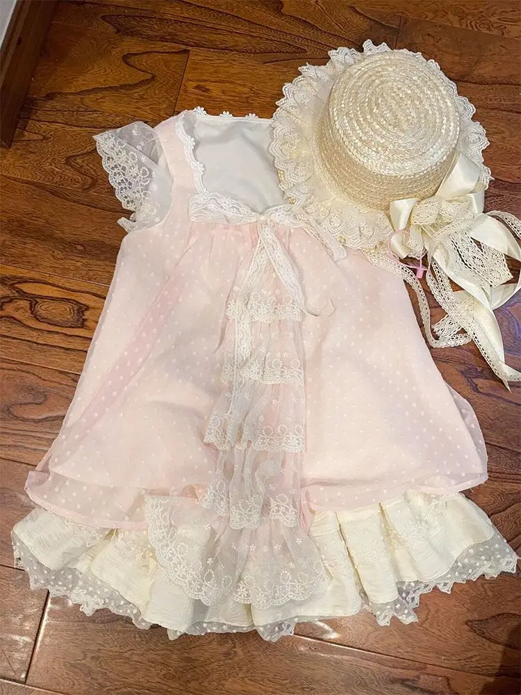 2025 Japanese Sweet Kawaii Two Piece Set Women Sleeveless Tops + Short Cake Skirts New Fashion Lace Patchwork Fit Chic Outfits