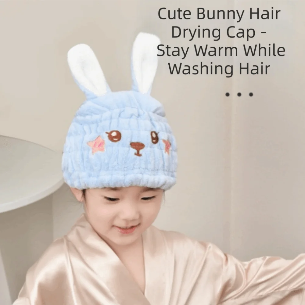 Thickened Children's Dry Hair Cap Creative Rabbit Head Design Elastic Round Cap Absorbent Cartoon Hair Drying Towel Home Use