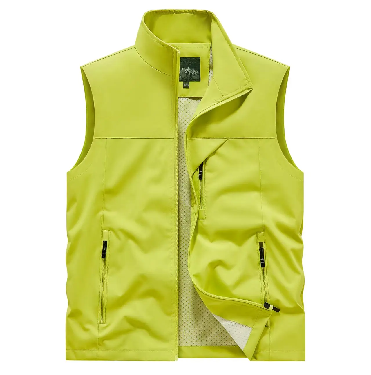 Men Mesh Lined Lightweight Vest Full‑Zip Stand Collar Multi Zipper Pockets Windproof Outdoor Sleeveless Waistcoat Gilet