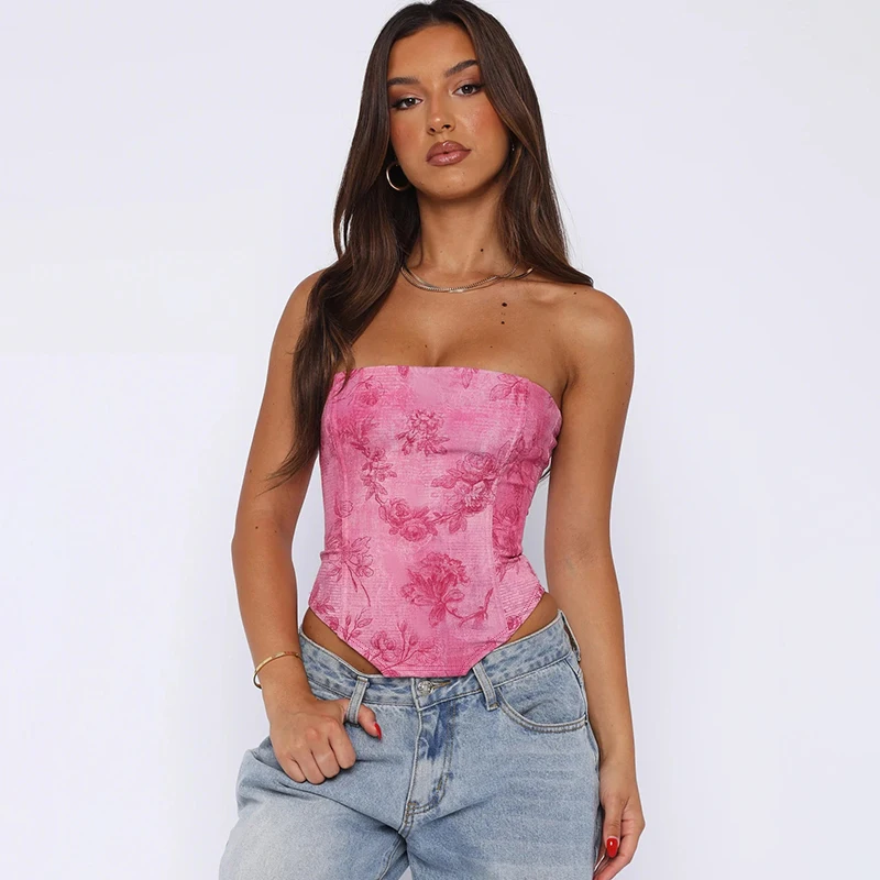 Summer new slim waist vest with European and American style sexy strapless print versatile top for women