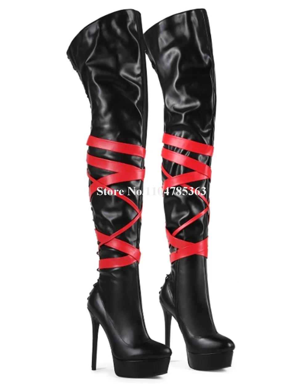 

Черные матовые кожаные сапоги выше колена в стиле пэчворк с красными ремешками и перекрестным каблуком на шпильке Сексуальные тонкие сапоги на высокой платформе и тонком каблуке