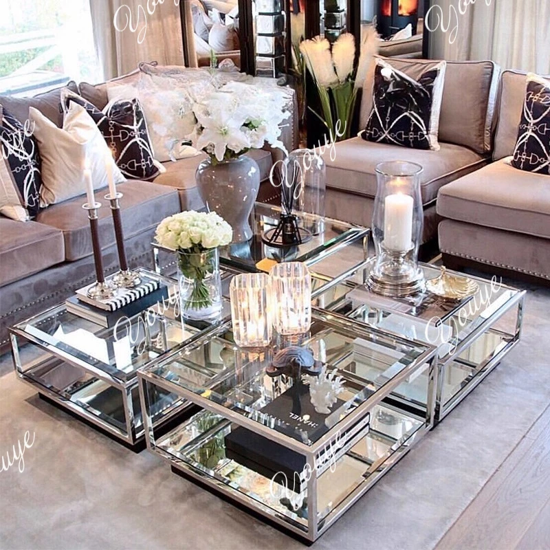 

Italian light luxury tempered glass coffee table simple modern creative living room home high-end stainless steel tea table