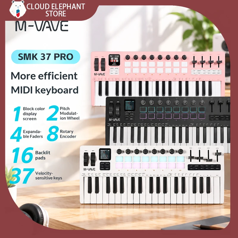 M-VAVE SMK-37 Pro MIDI Keyboard 37 Keys Built-in FM Synth 16 RGB Pads Bluetooth 5.0 USB-C Battery Powered Portable Controller