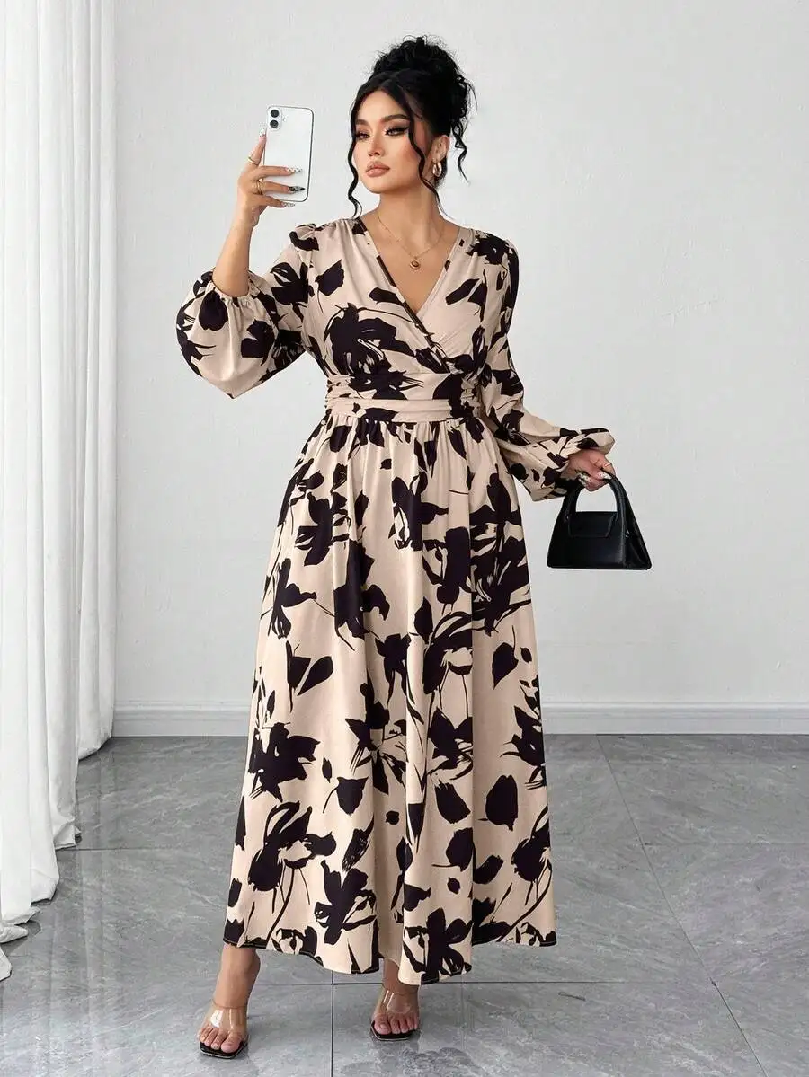 

Elegant V-Neck Long Sleeve Floral Print Maxi Dress For Women Autumn Winter