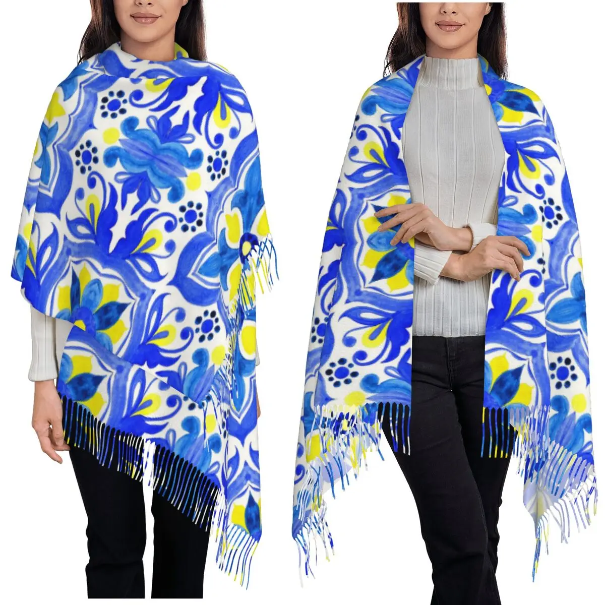 

Средиземноморские лимонные керамические плитки, летний шарф с фруктами цитрусовых, шарфы с кисточками для женщин, шали и накидка, длинная осенне-зимняя шаль, накидка