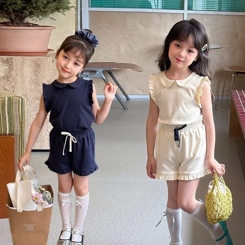 

2025 Summer New Girls' Casual Sweet Lace Doll Collar Sleeveless Vest and Shorts Two-piece Set