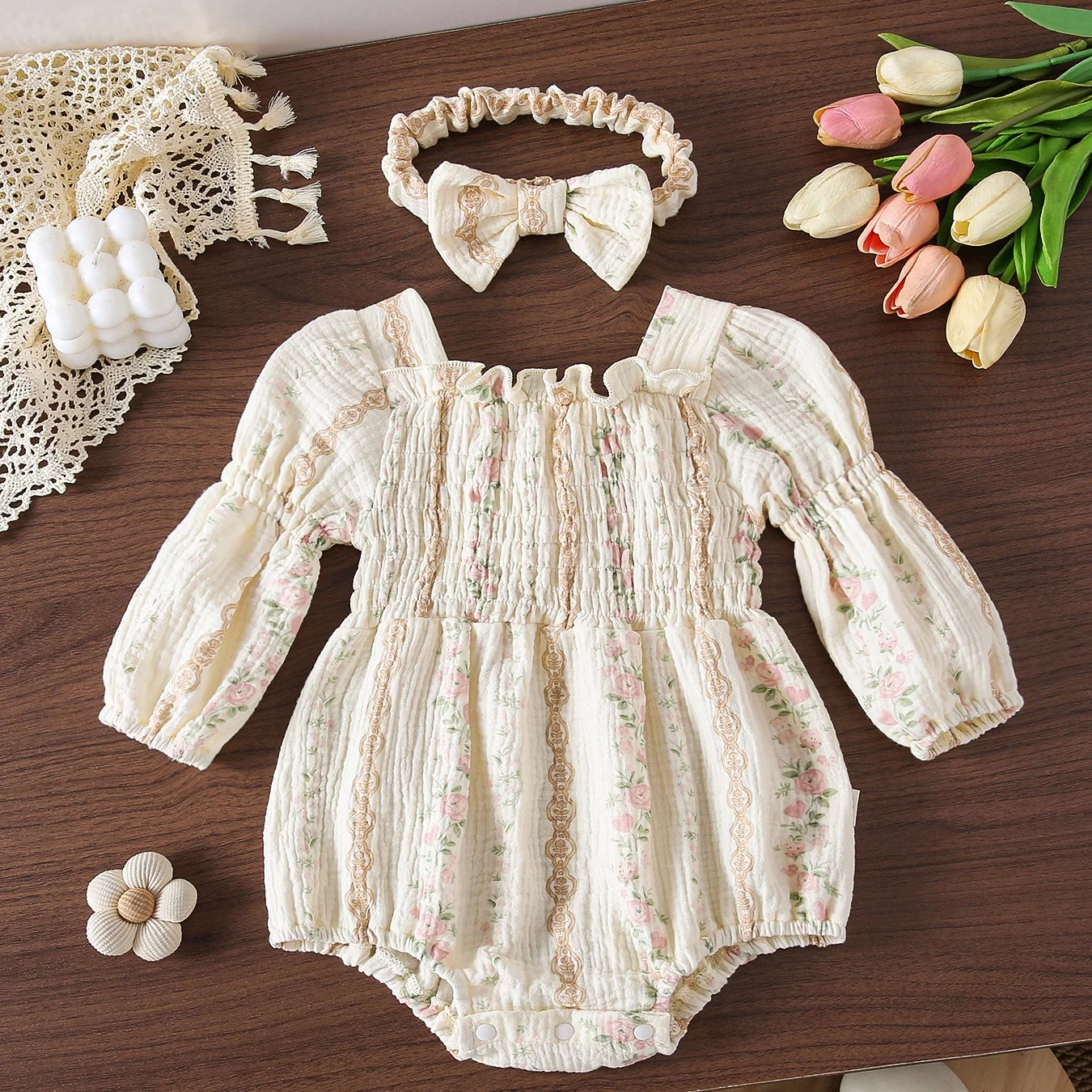 Spring Autumn Baby Girls Long Sleeve Bodysuit Bubble Sleeve Infant One Peice Floral Print Toddler Onesie with Bow Headband