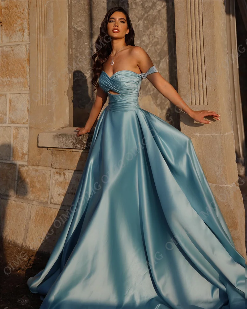 OIMG-Robe de Soirée en Satin Bleu Ciel, Tenue de Bal Longue et Trapèze, pour ixde Mariage