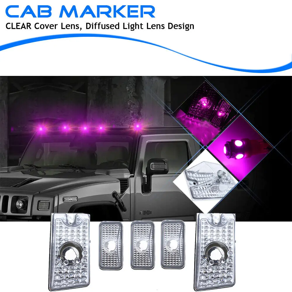 Clear Lens Pink/Purple LED Cab Roof Top Marker Running Lights Bulbs Kit for Hummer H2 SUV SUT 2003-2009