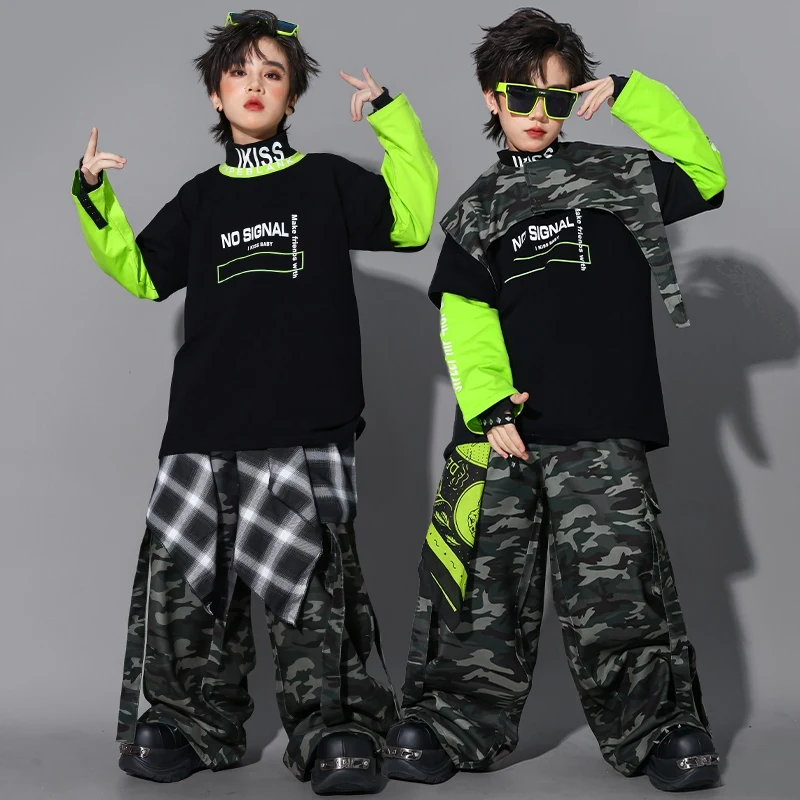 Jongens Hip Hop Kostuum Jazzdans Outfit Groen Zwart Top Camouflage Broek Kinderen Prestaties Outfit Street Dance Kleding 2536