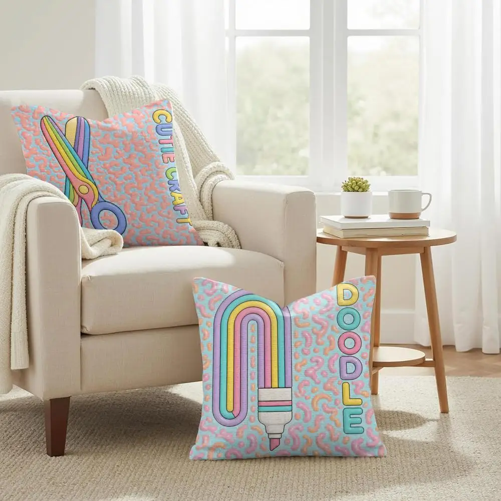 Kawaii School Collection Cushion Cover Summer Coolness Linen Organic Fabric Sofa Pillow Case Double-Sided Printing Home Decor