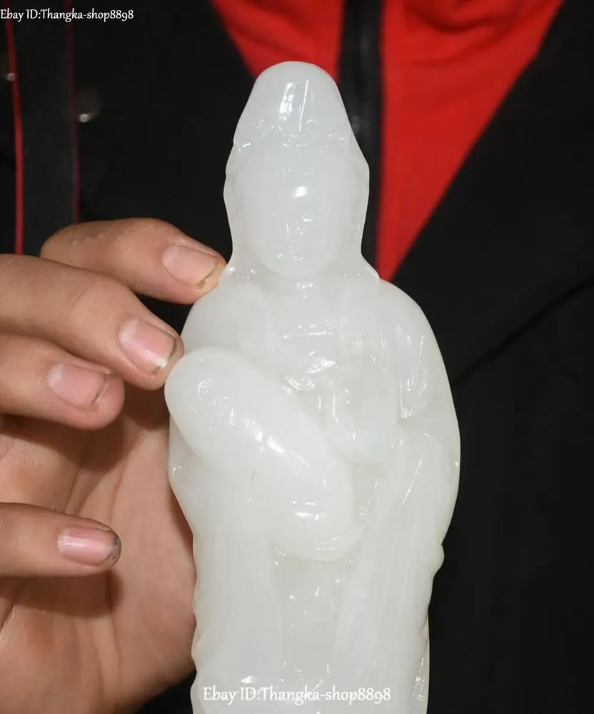 Natural White Jade Tongzi Quan Guan Yin Kwan-yin Guanyin Goddess Buddha Statue