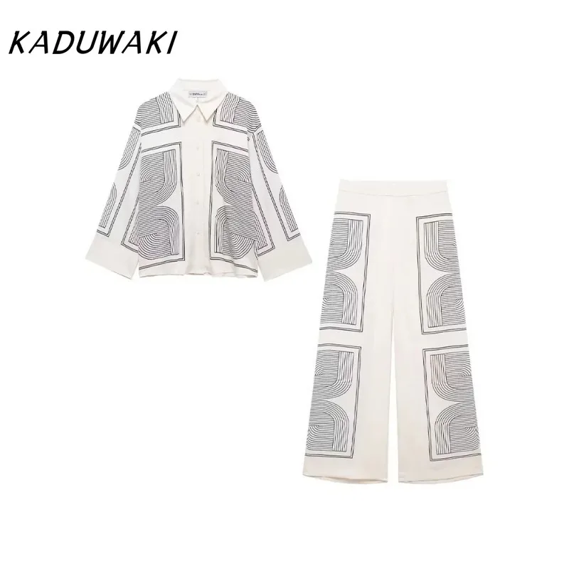 

KADUWAKI Spring Lapel Single-Breasted Printed Loose Twill Tops Temperament High-Waist Zipper Straight Trousers Mujer 2-piece Set